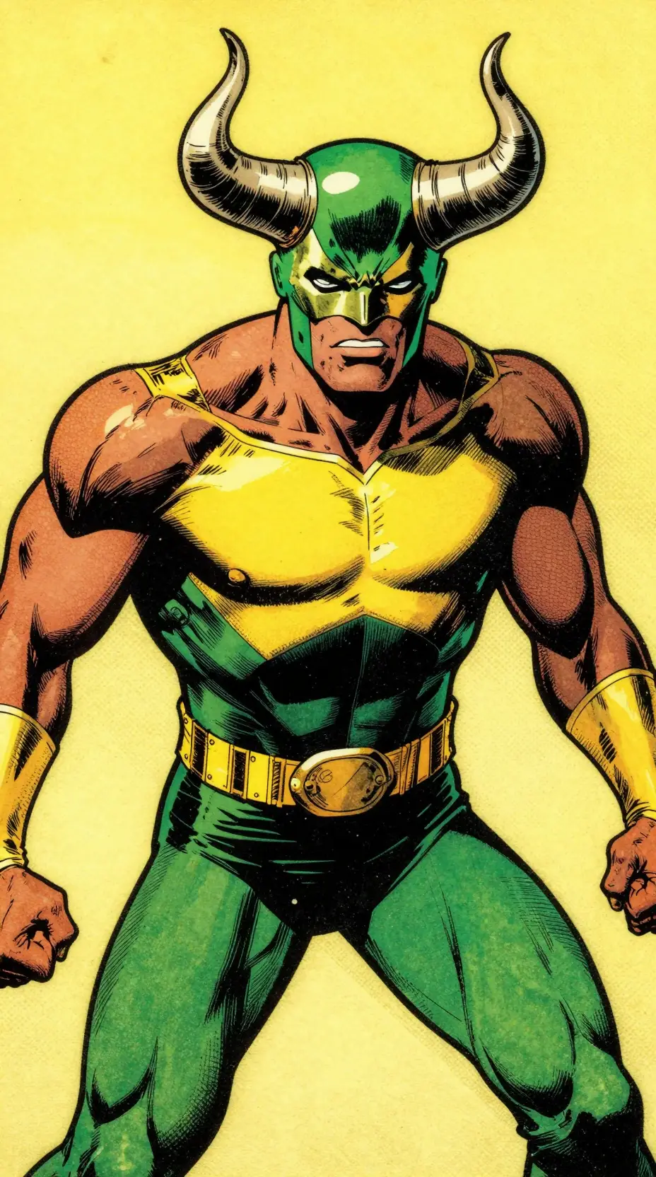 A masked superhero with curled horns on a vintage comic cover