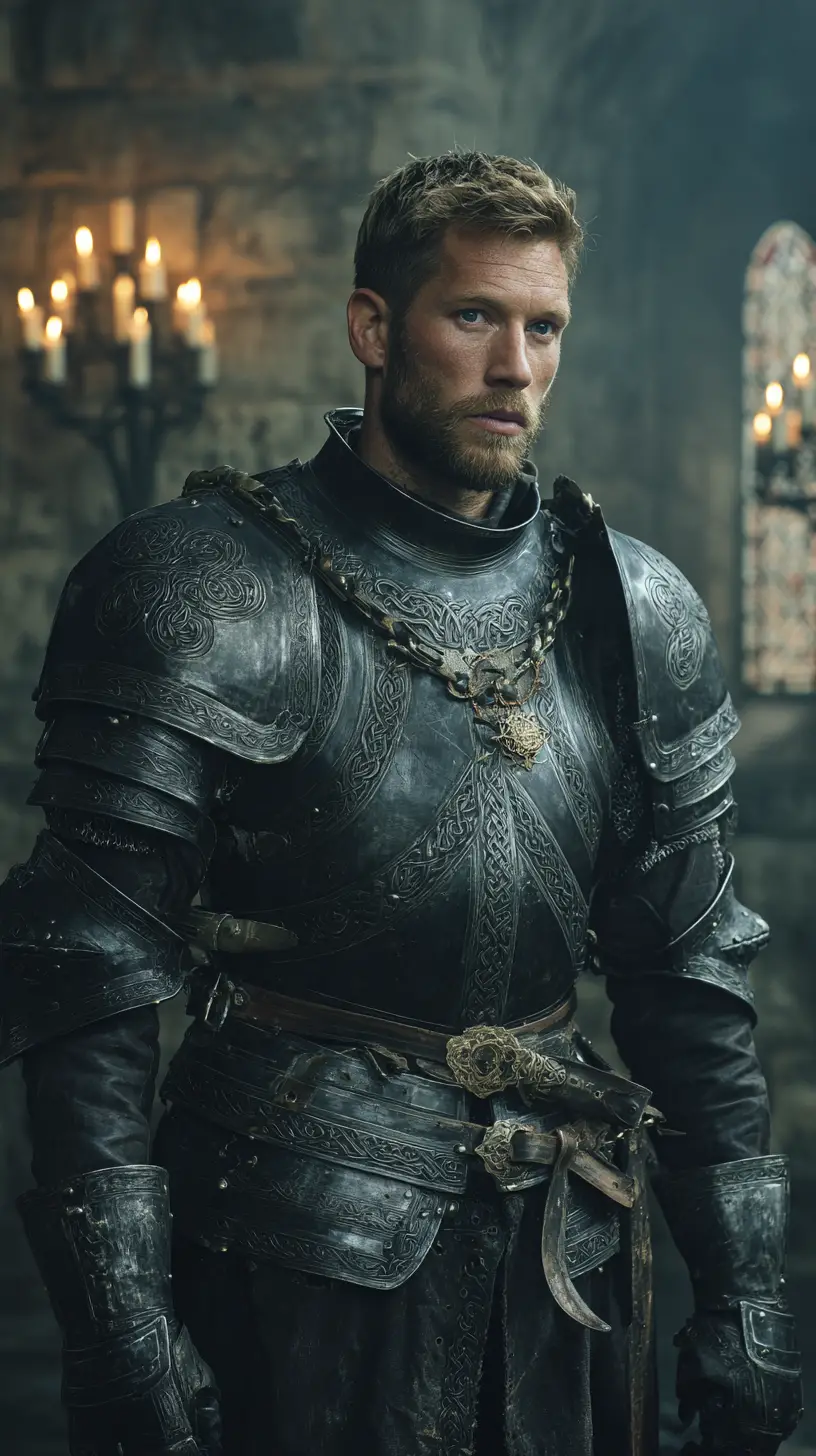 A medieval knight dons engraved black armor in a candlelit stone armory