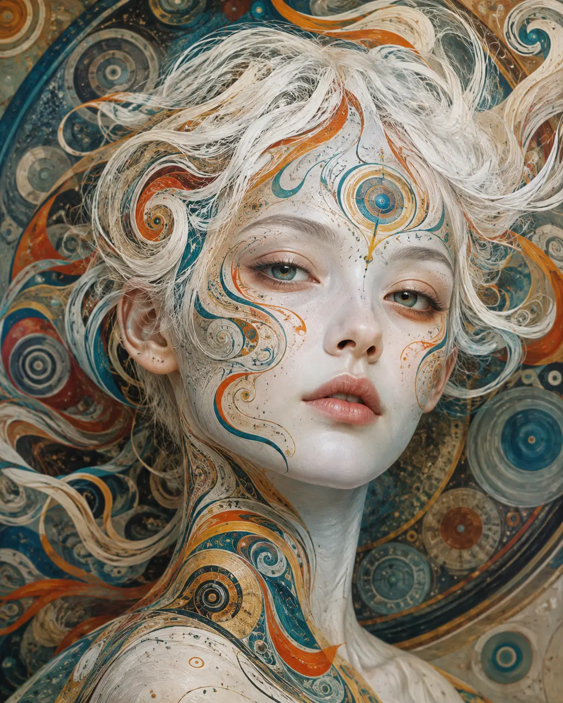 A surreal woman portrait with swirling multicolored mandala patterns
