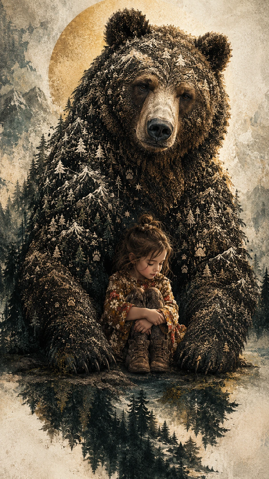 A Giant Symbolic Bear Sits Behind a Small Child