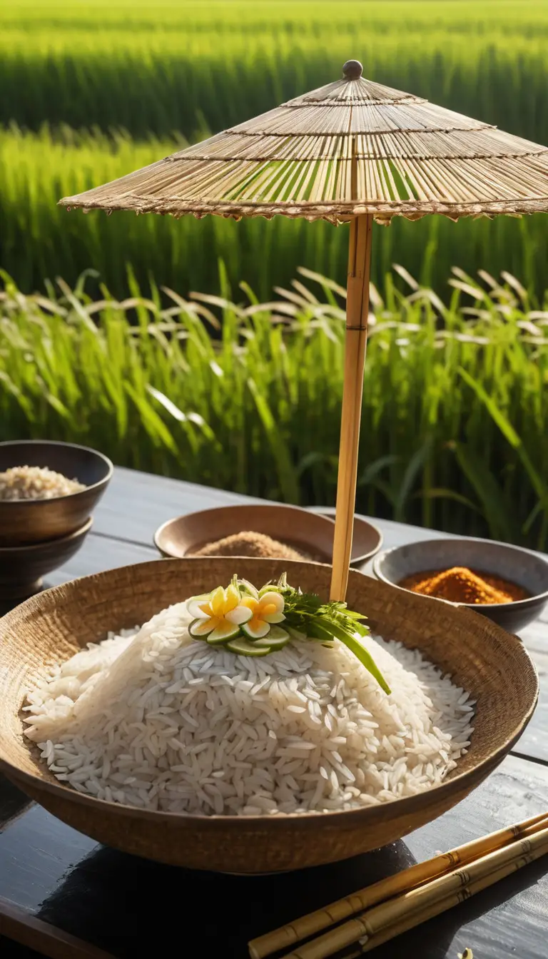 A conical hat reveals miniature rice terraces and rice harvesters