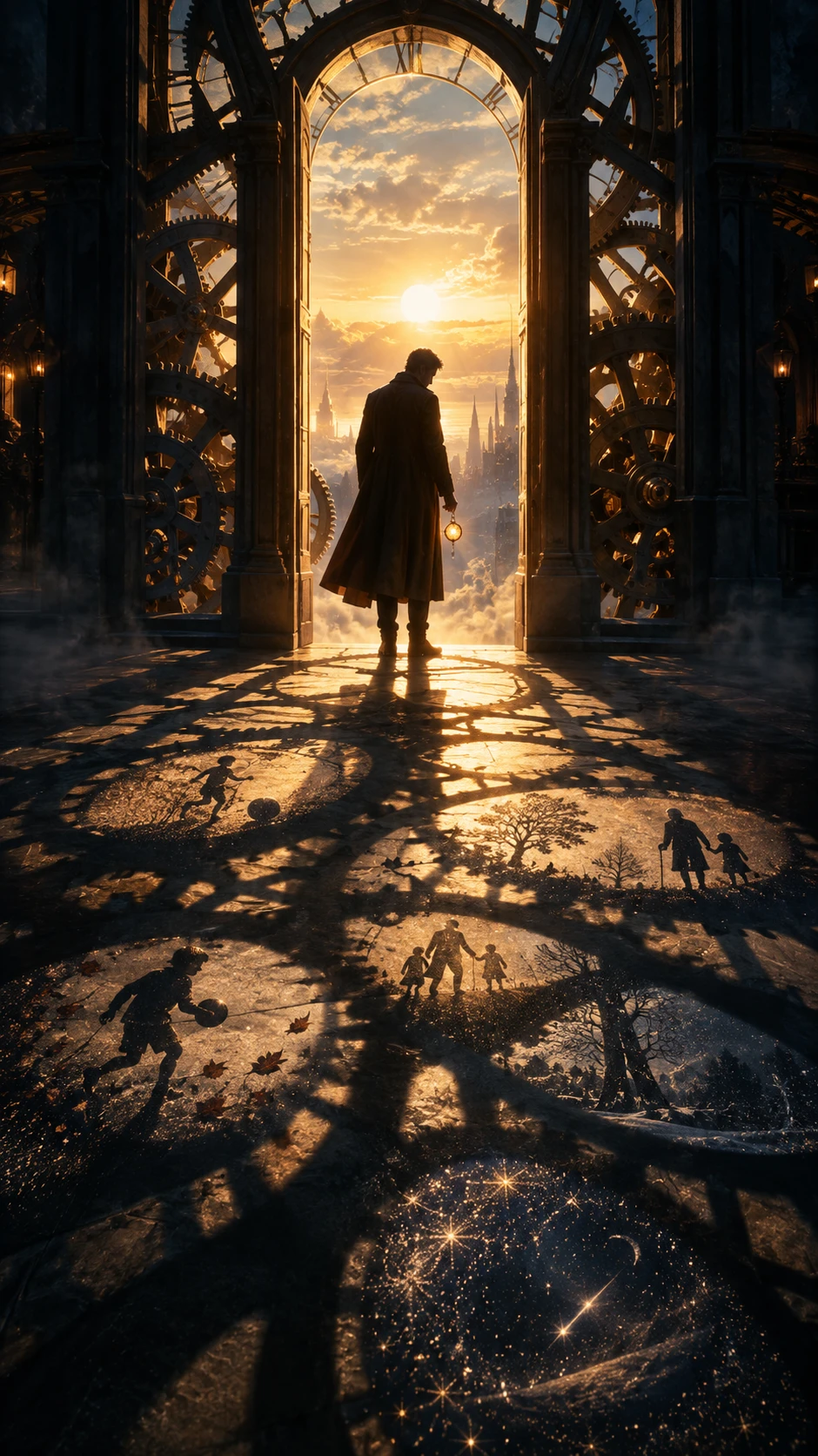 A silhouetted figure faces turning gears in a vast clock tower