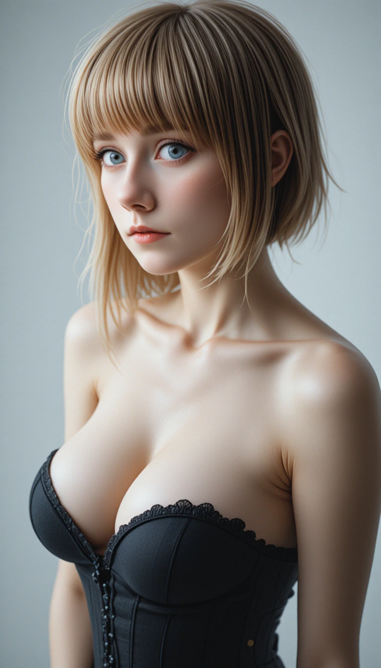 A blonde woman leans forward against a plain white background