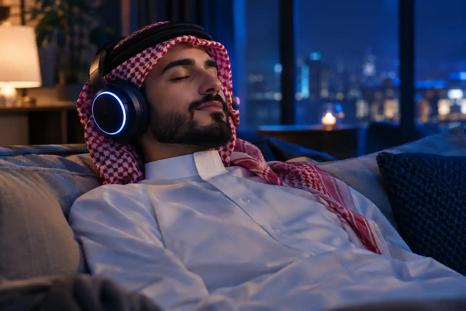 A Middle Eastern man relaxes with headphones in a cozy room at night