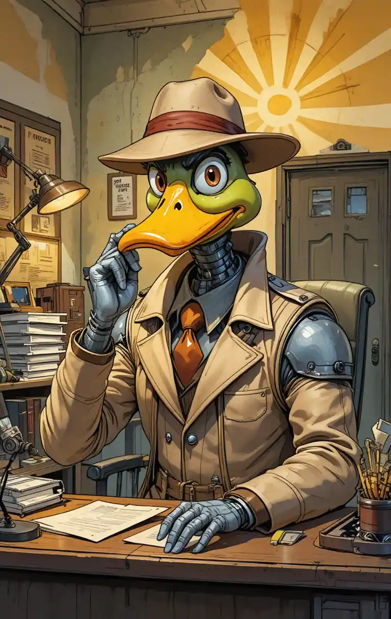 A Chrome Armored Cartoon Duck Stands Against a Chaotic Sci-Fi Backdrop