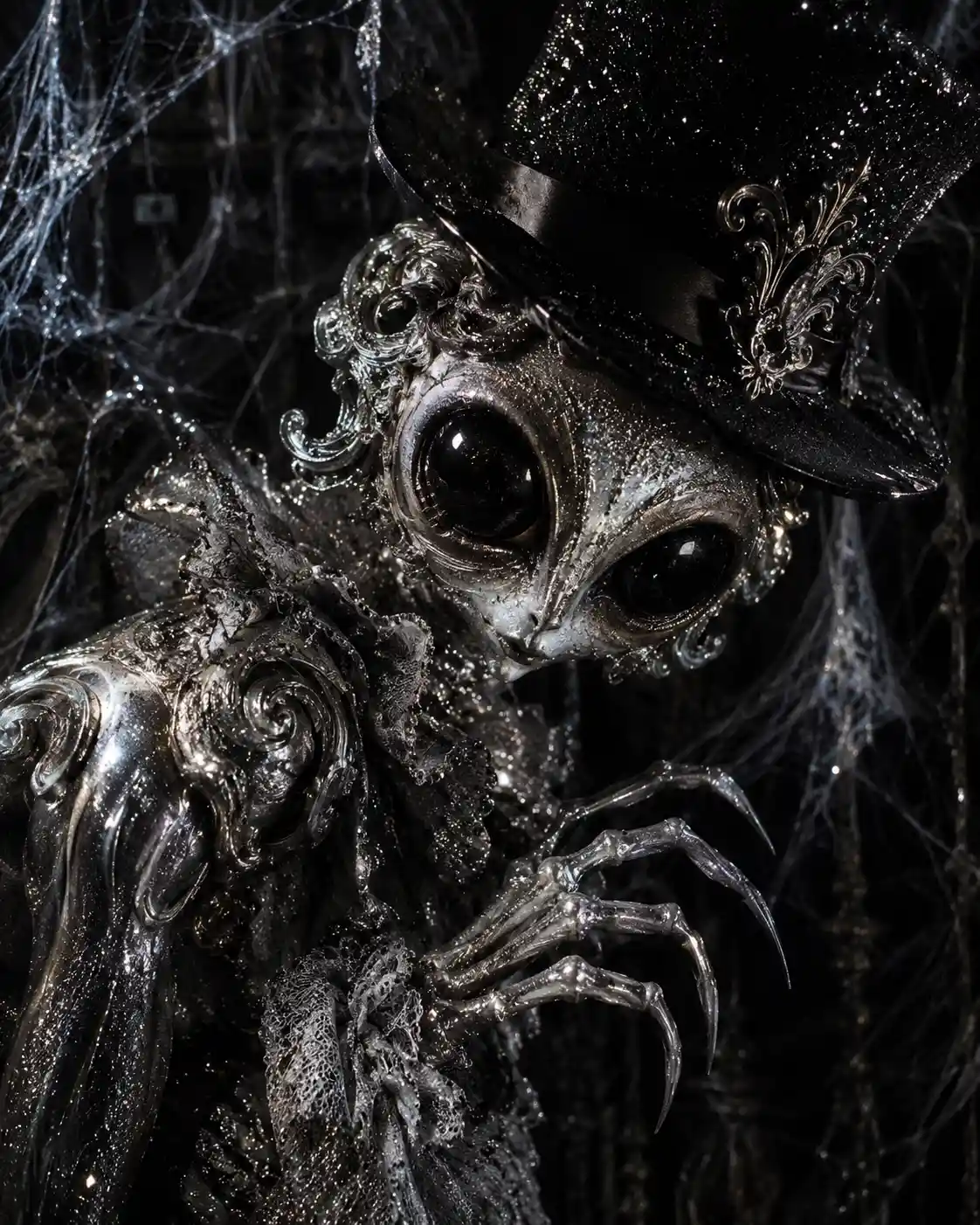 Una criatura de terror rococó con grandes ojos negros y un sombrero de copa negro