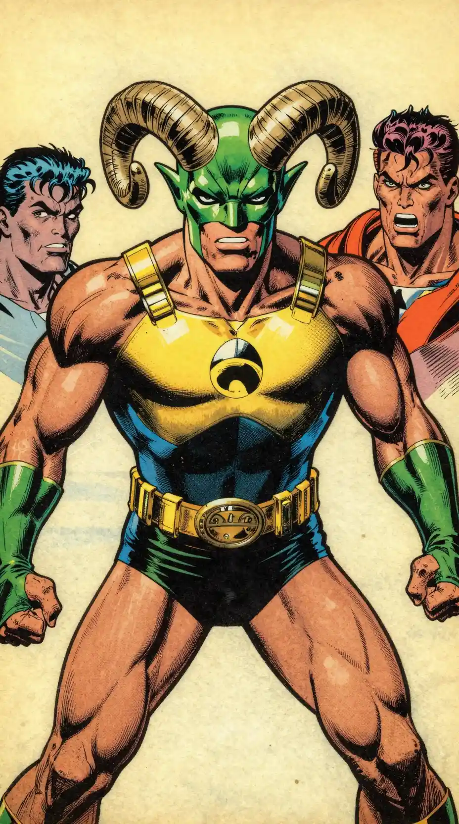 A horned masked superhero faces a dramatic standoff on a vintage comic cover