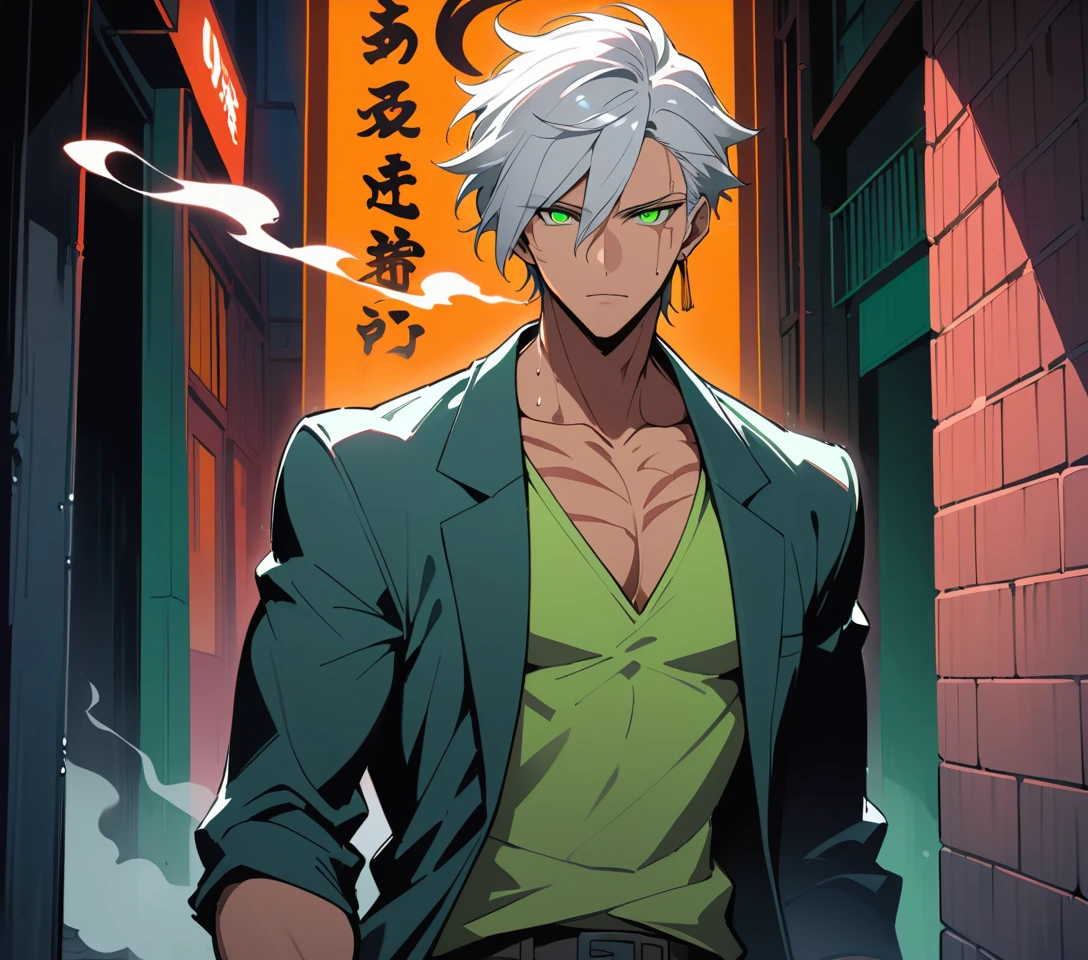 Silver-haired anime man smokes beside a brick wall in a neon alley