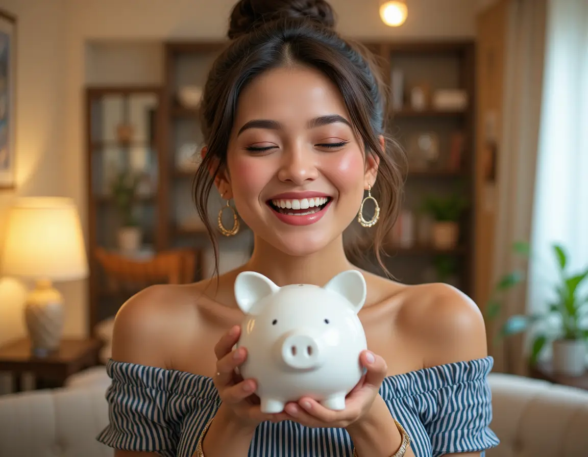 A Joyful Young Woman Holds a White Ceramic Piggy Bank