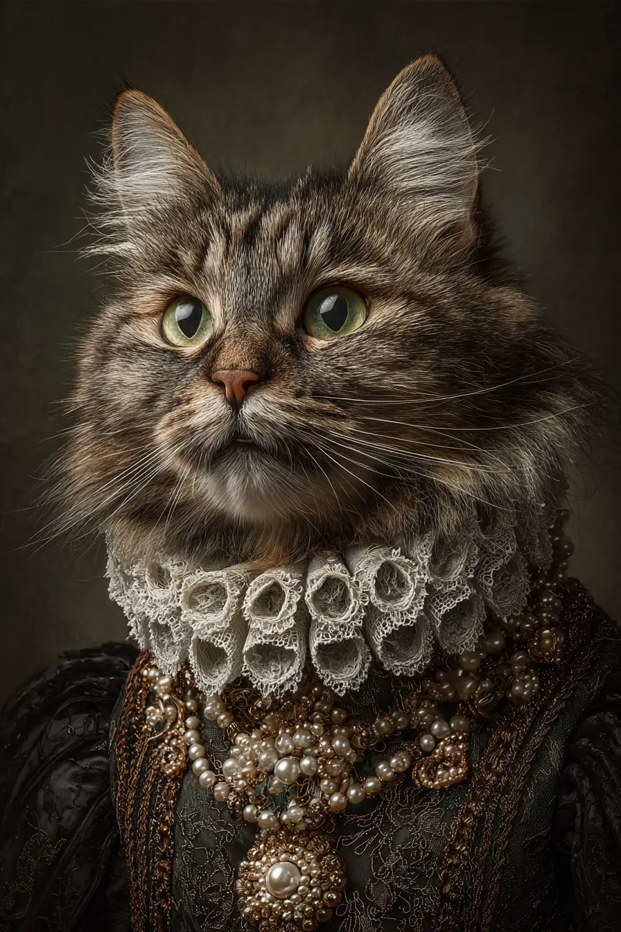 A mysterious aristocratic cat adorned with brocade, pearls, and feathers