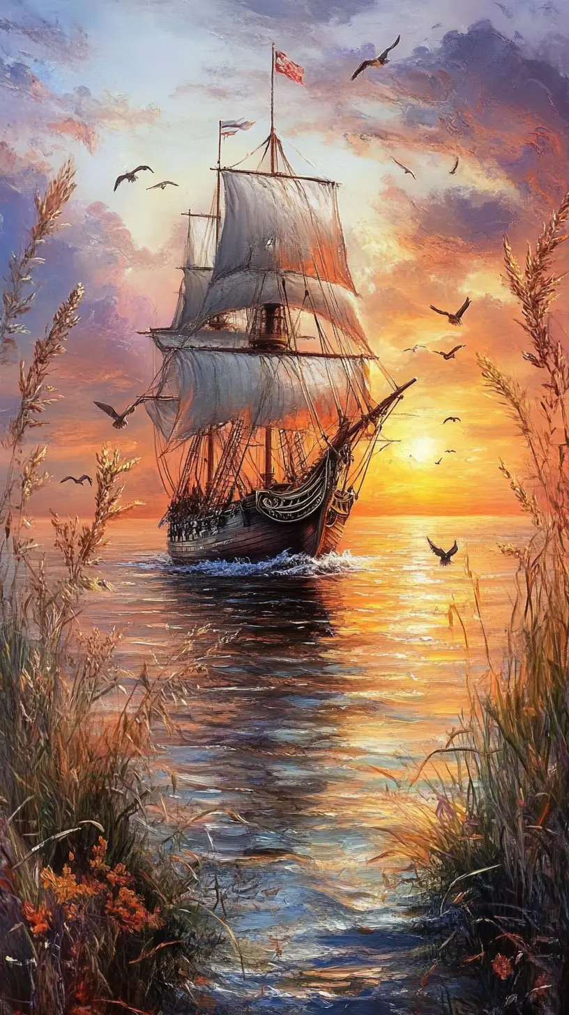 A pirate ship amid birds and shimmering water in a classic oil painting