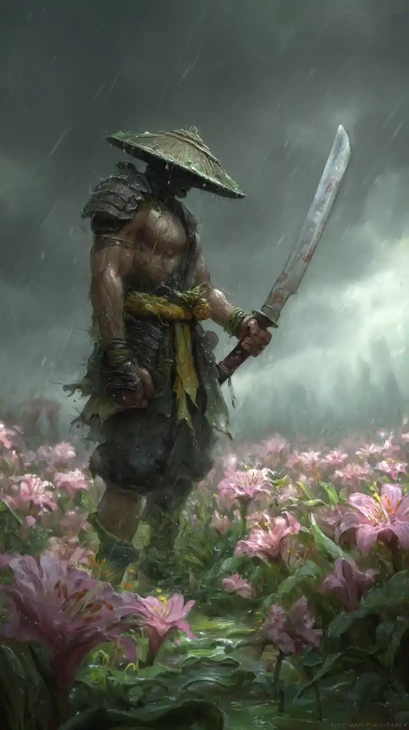 A Straw-Hat Ronin Wields an Odachi Among Rain-Soaked Lilies
