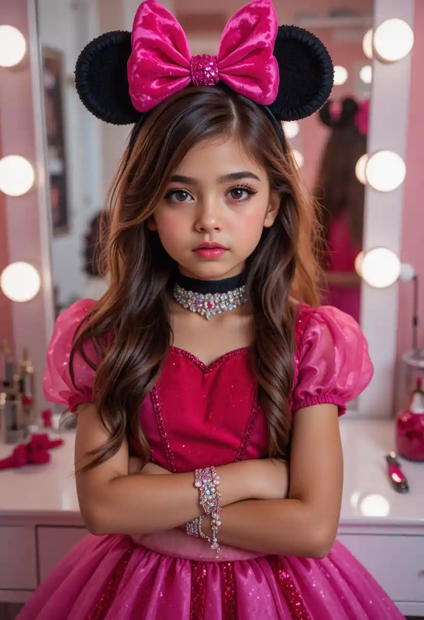 A tween boy pouts in a princess Minnie Mouse costume at a vanity