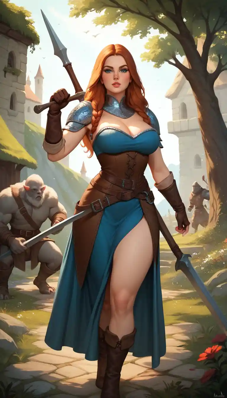A Brunette Warrior in Revealing Medieval Attire Battles a Monstrous Foe
