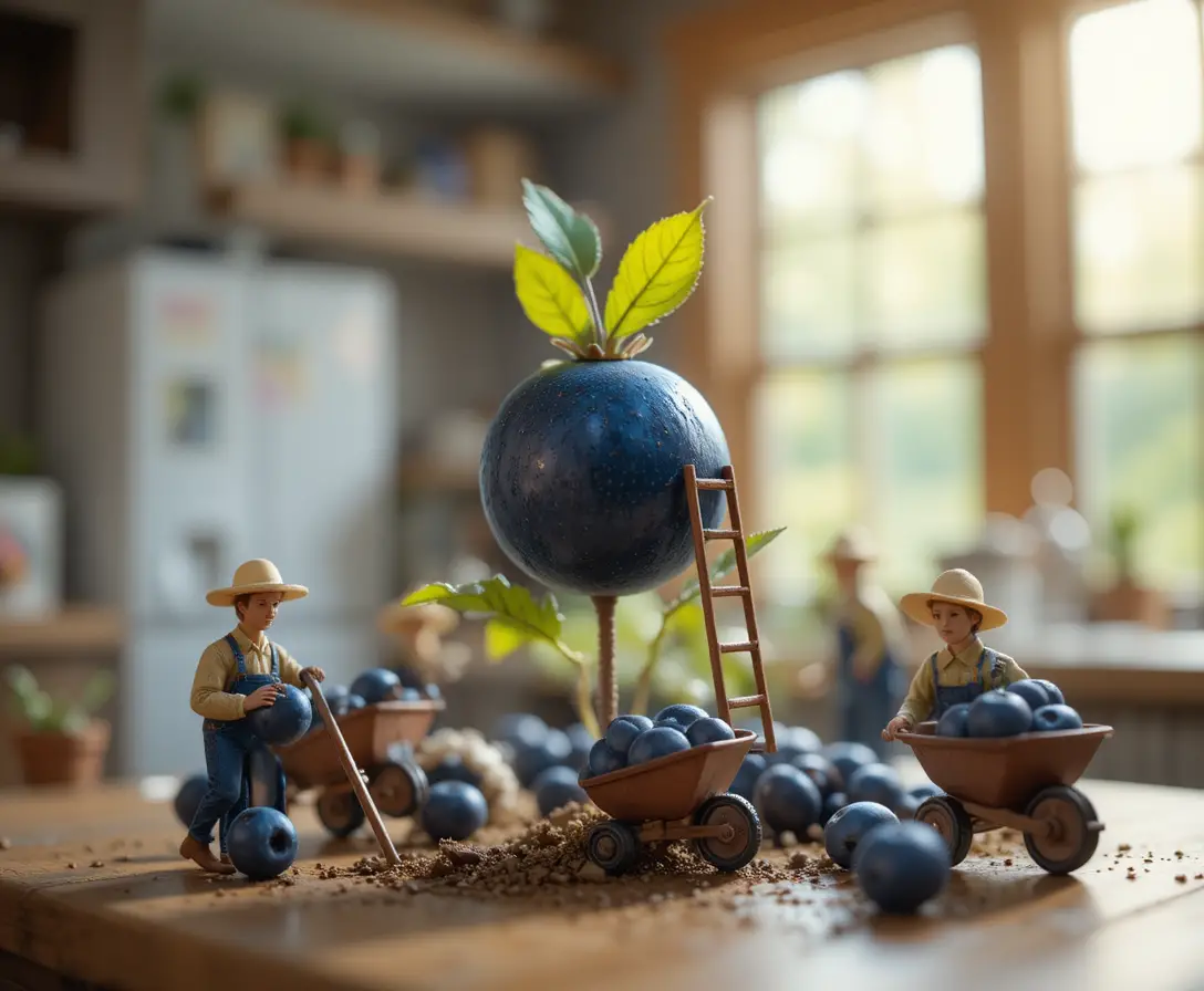 Pequenos agricultores colhem um único mirtilo em uma cozinha