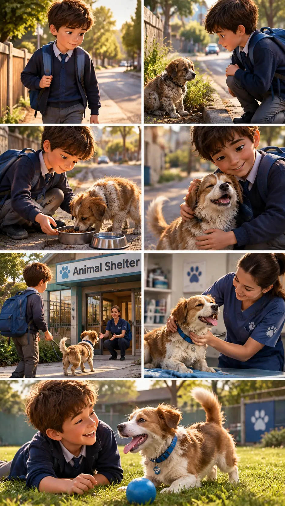 A boy notices a hungry stray dog on his way home
