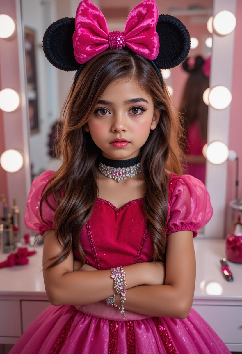 A tween boy pouts in a princess Minnie Mouse costume at a vanity