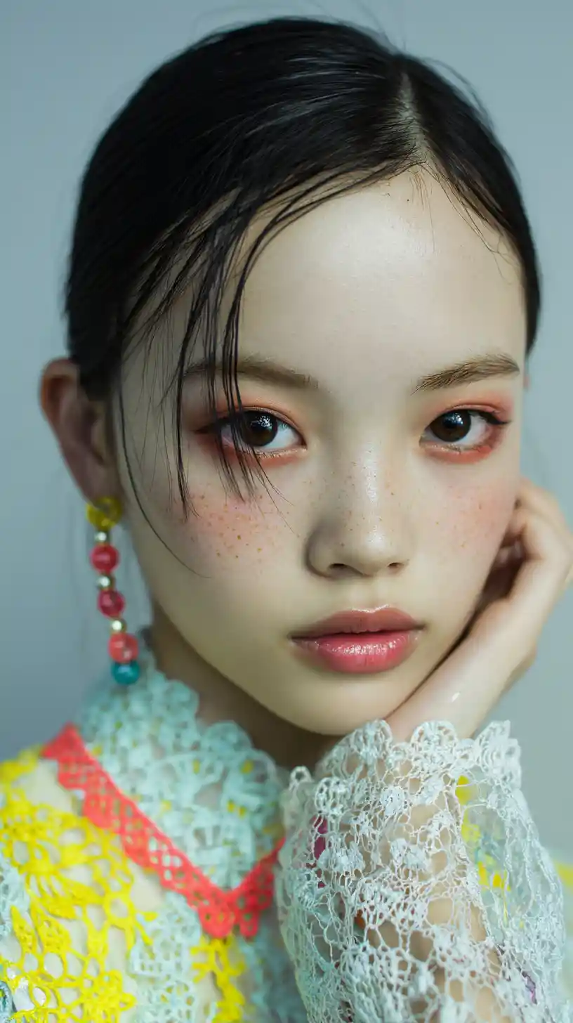 彩色鉤針編織風肖像中的亞洲女性，以手托腮