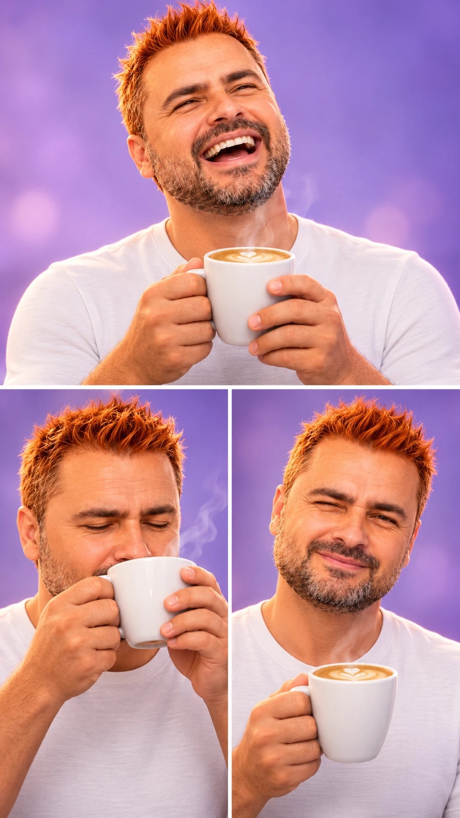 Joyful man laughing with a steaming coffee mug in a studio
