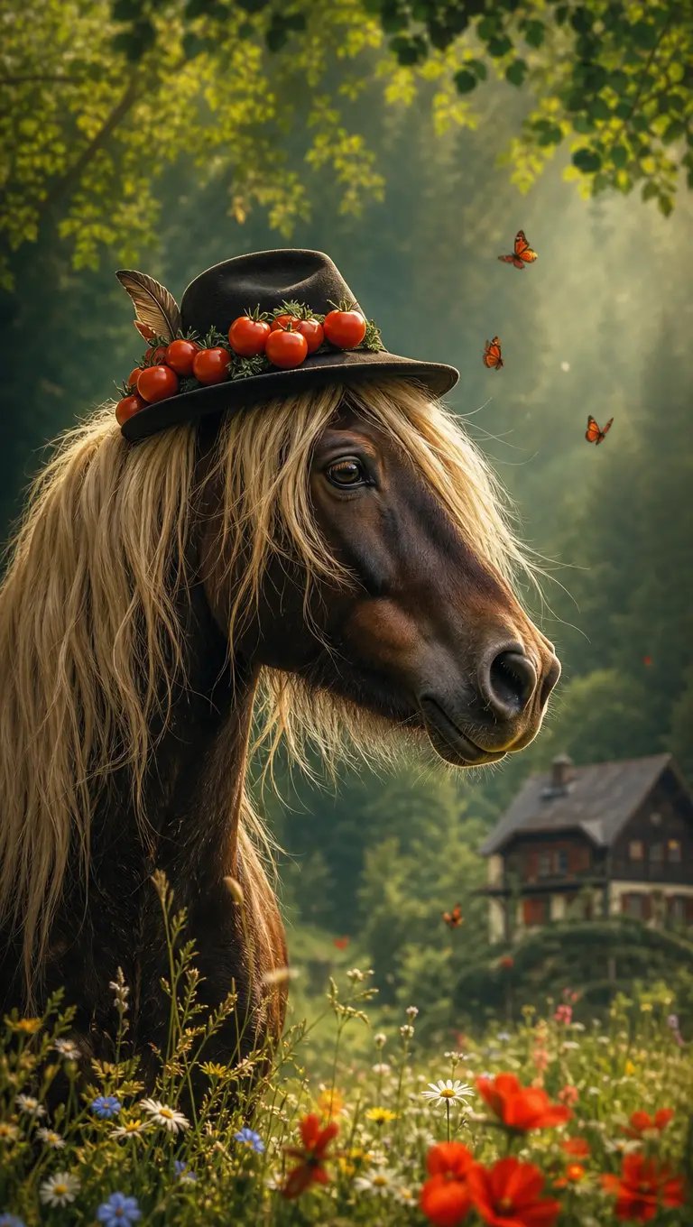 A dark Haflinger wearing a Black Forest hat topped with tomatoes