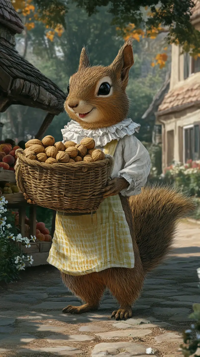 A smiling squirrel carries a nut-filled basket along a country path