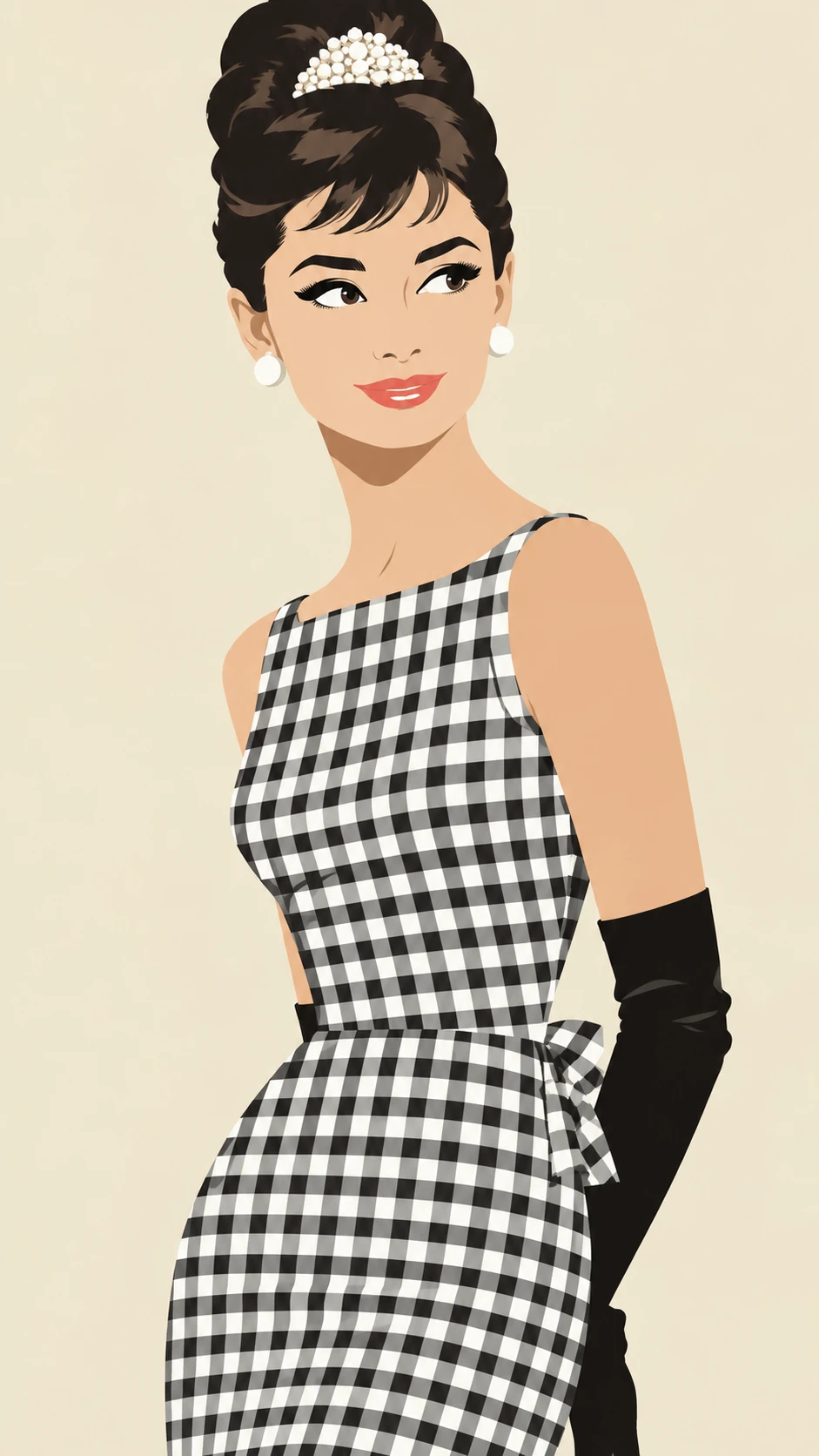 Audrey Hepburn sourit dans une robe vichy sur un portrait des années 1960