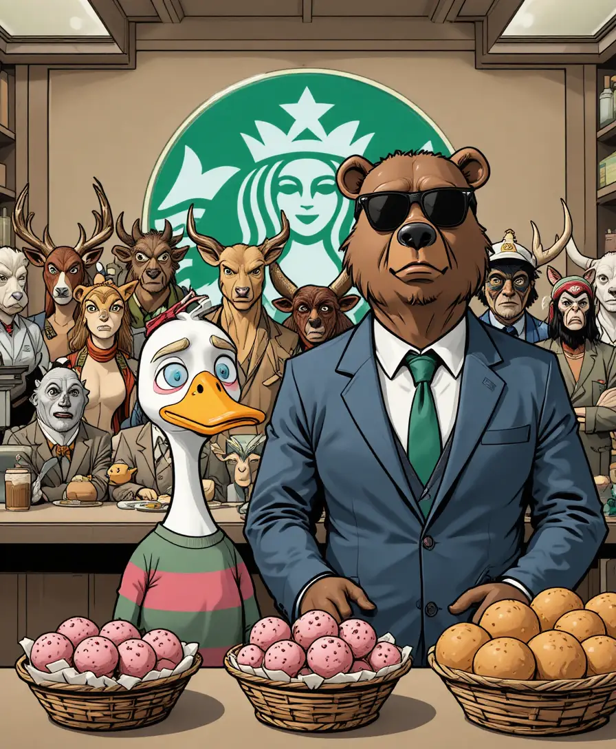 Anthropomorphic Animals Stand Behind a Counter in a Coffee Shop