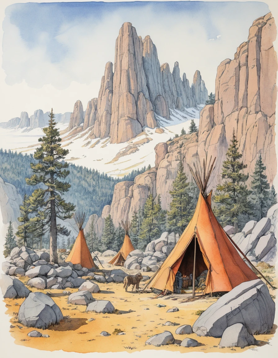 A Native American Camp Within a Rocky Mountain Landscape
