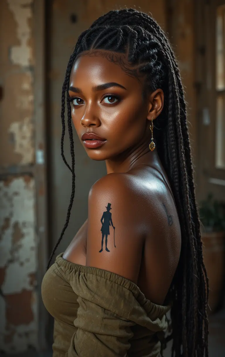 A woman with a shoulder tattoo looks back in a warm editorial portrait