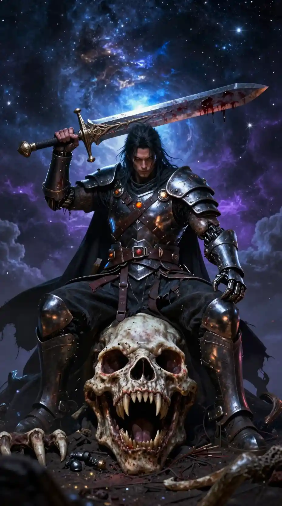 A scarred warrior sits atop a dead demon beast beneath a star-filled cosmos