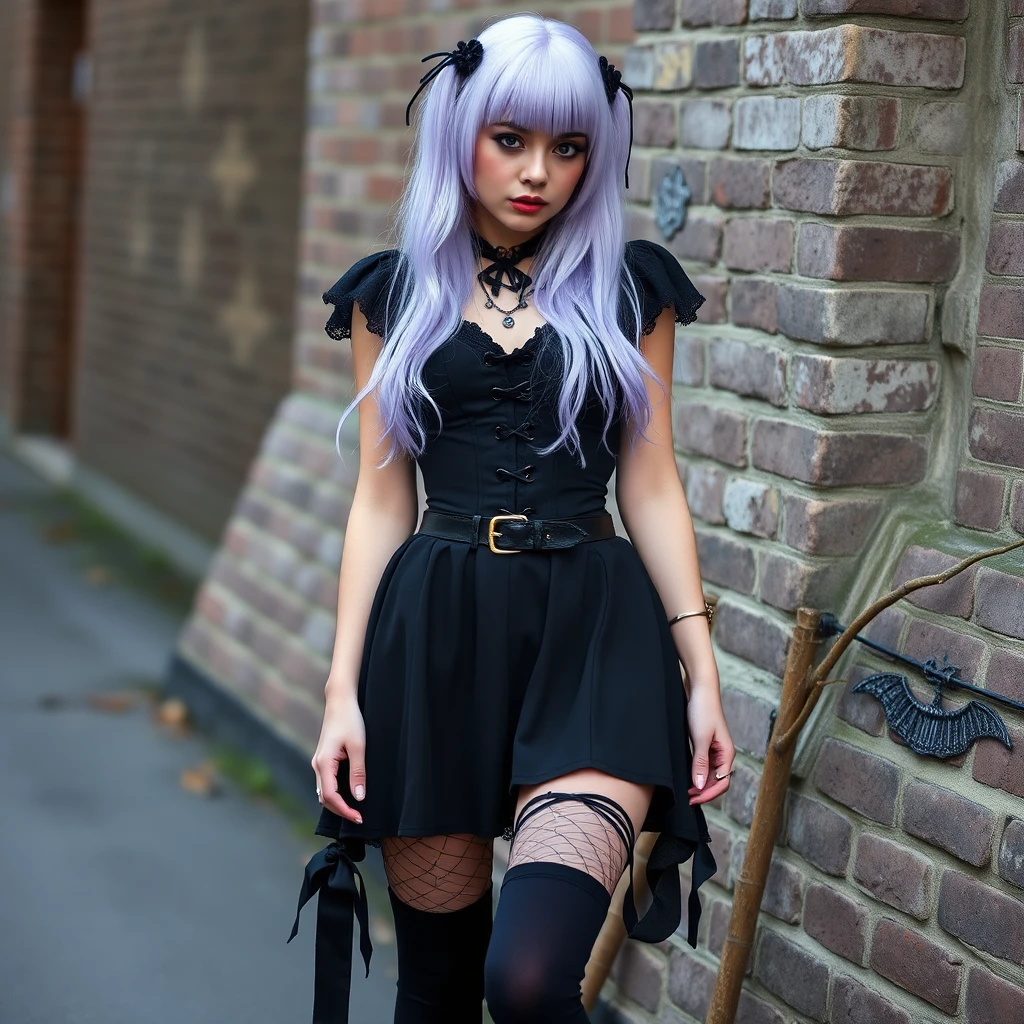 A young woman with pastel lavender hair in gothic black clothing