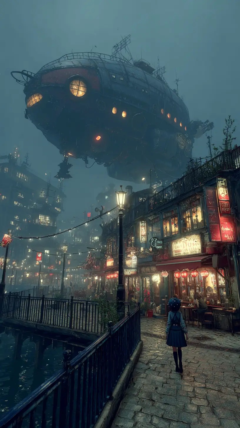 A Giant Battle-Damaged Mech Walks Beside a Cyberpunk Girl Through City Streets
