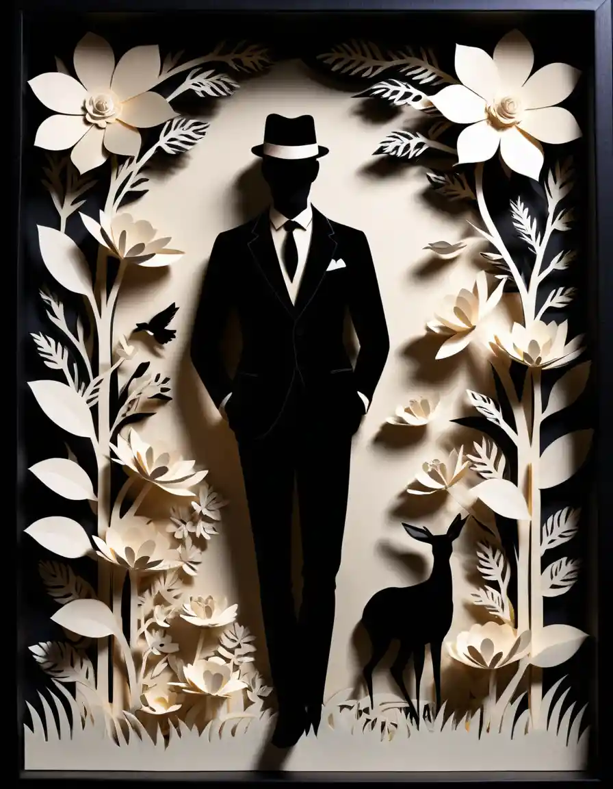 Ein eleganter Mann, umgeben von Blumen, in einer mehrschichtigen Scherenschnitt-Schattenbox