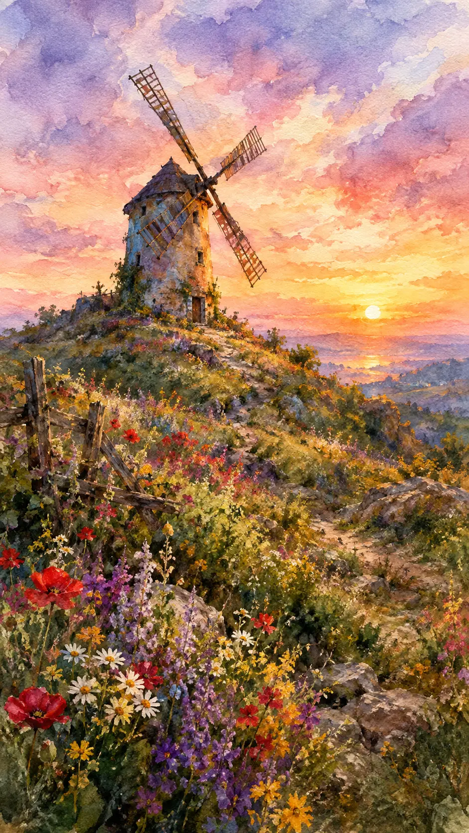 An Ancient Windmill Crowns a Wild Hill Beneath a Vivid Sky