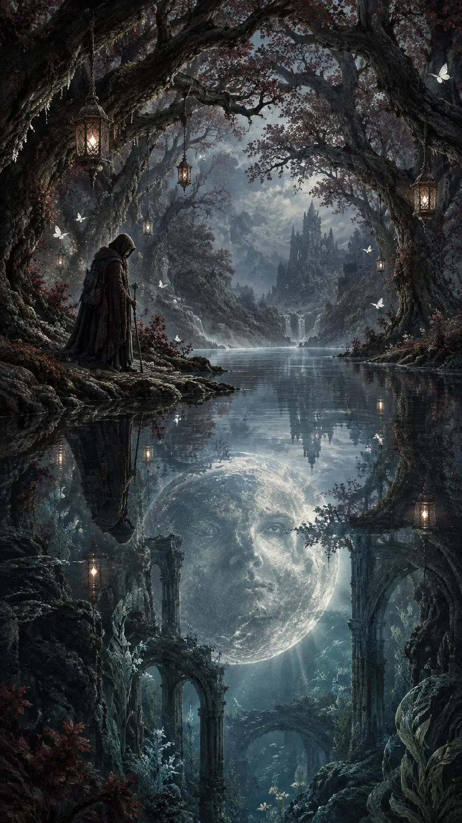 A vast moon beneath still water in a dreamlike dark fantasy landscape