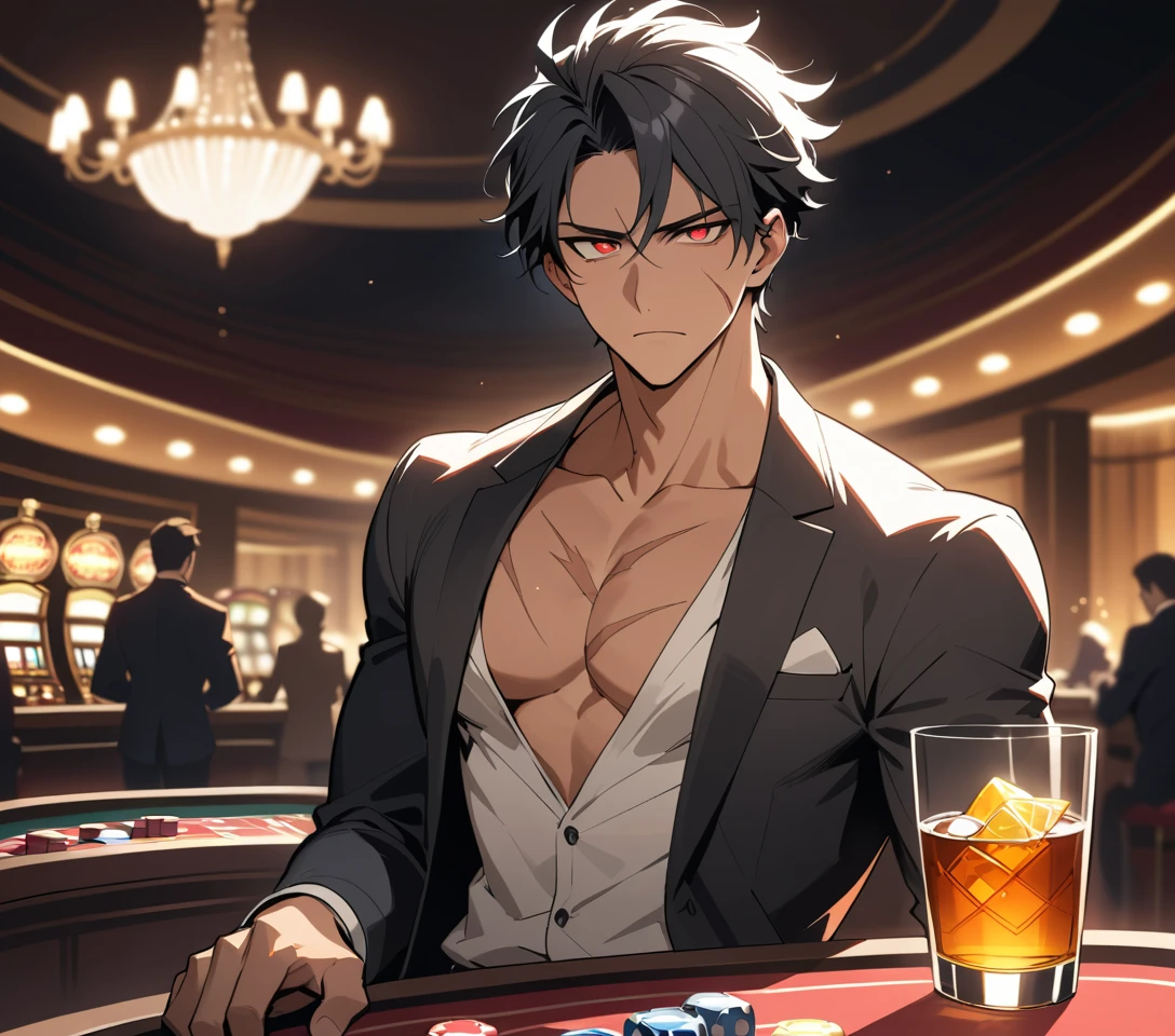 高級カジノのVIPポーカーテーブルに座るアニメ風の男性