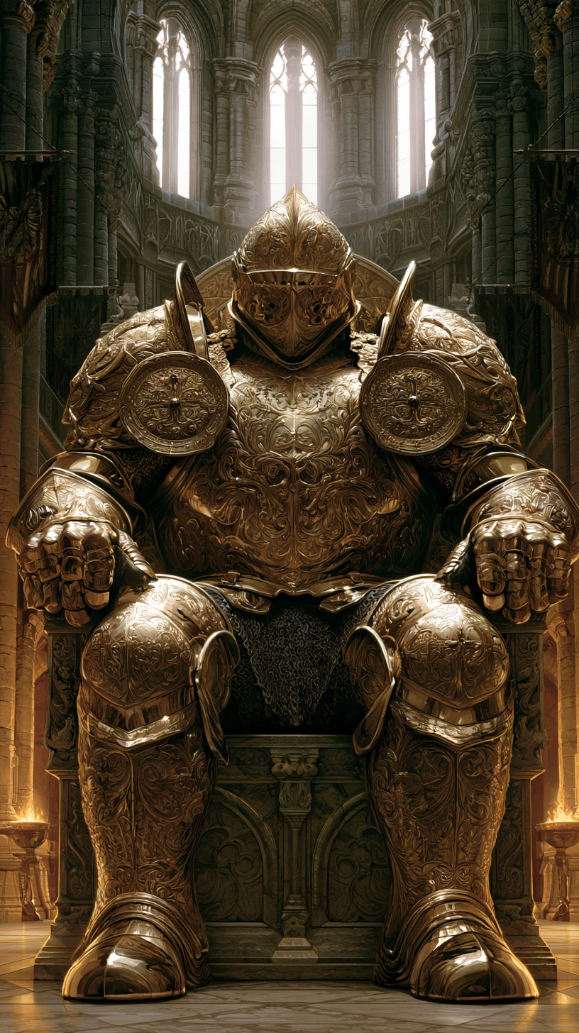 A golden armored knight seated on a throne in a castle hall