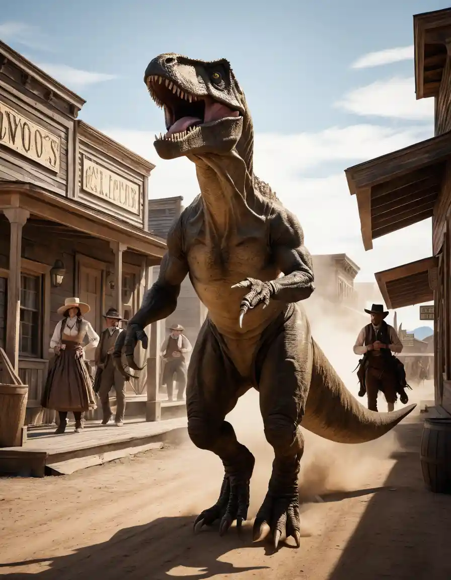 A Tyrannosaurus rampages through a late nineteenth century frontier town