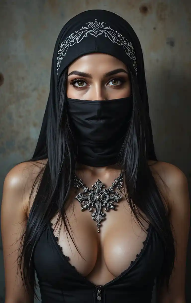 A veiled woman with dramatic eyes and a silver cross necklace