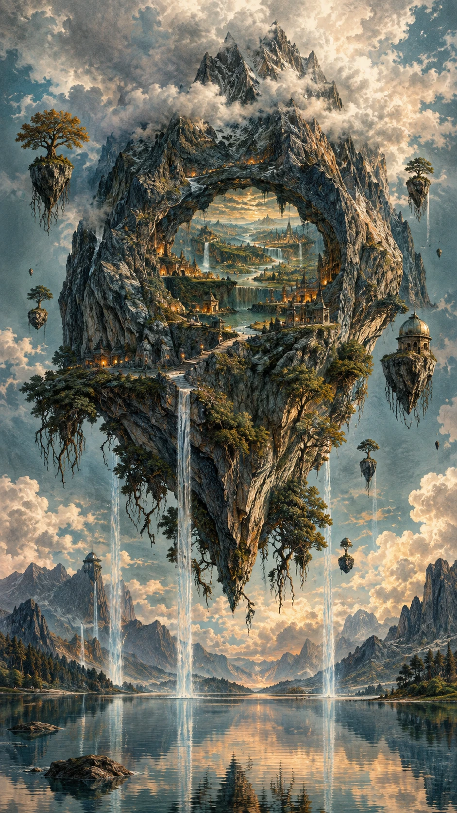 An inverted mountain floats above a tranquil lake beneath luminous clouds