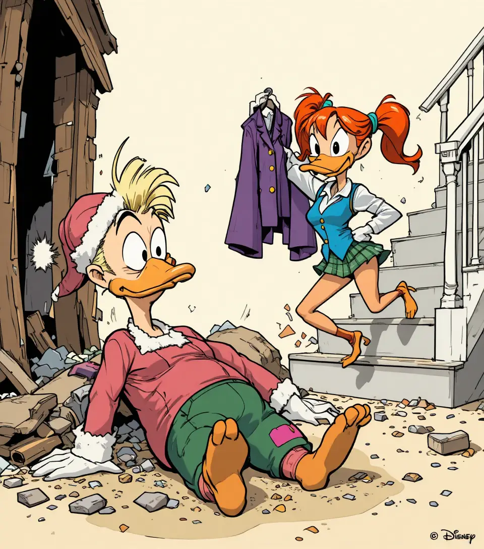 A blonde woman and pink bear share a playful Santa scene