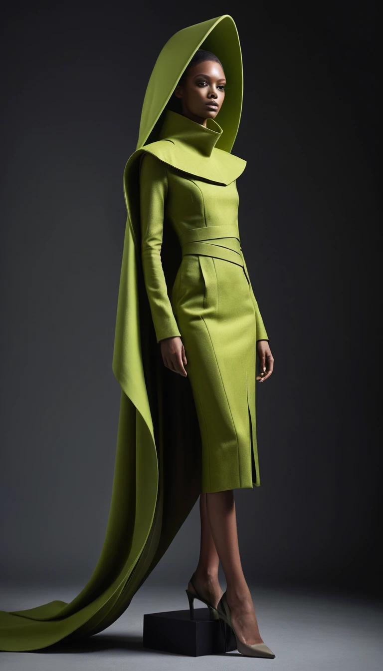 A couture model poses in sculptural earth-toned fashion on a pedestal