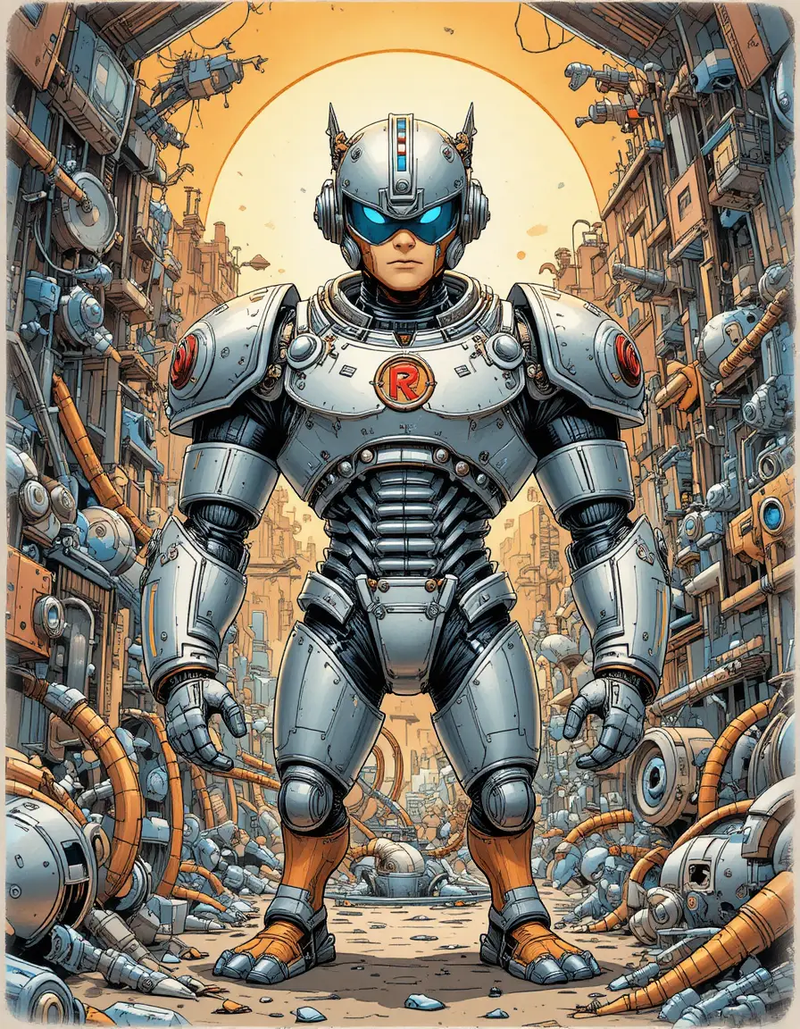 A cartoon duck in chrome robot armor faces a chaotic mechanical science fiction backdrop