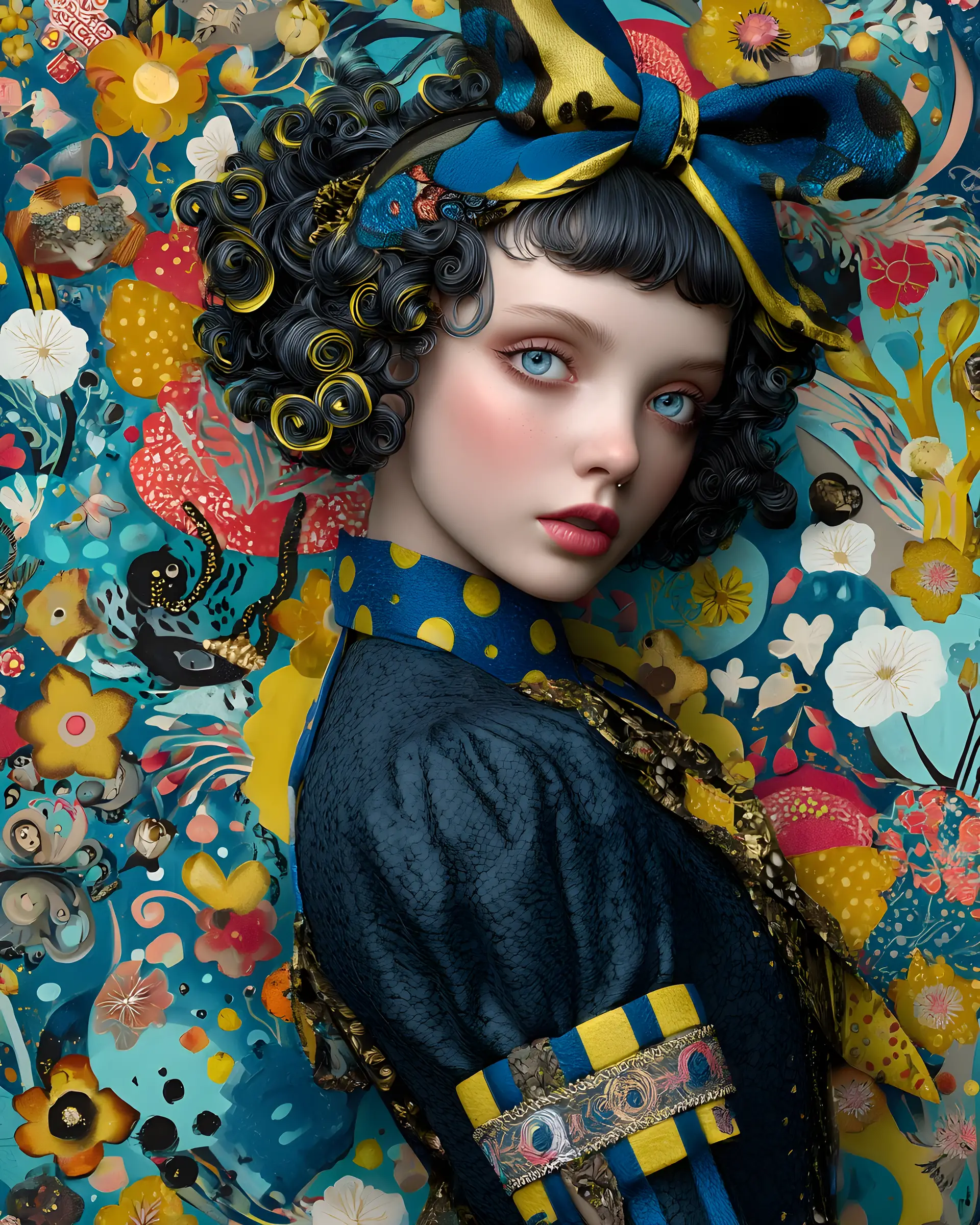 A vintage-inspired woman with whimsical, dreamlike illustrated features