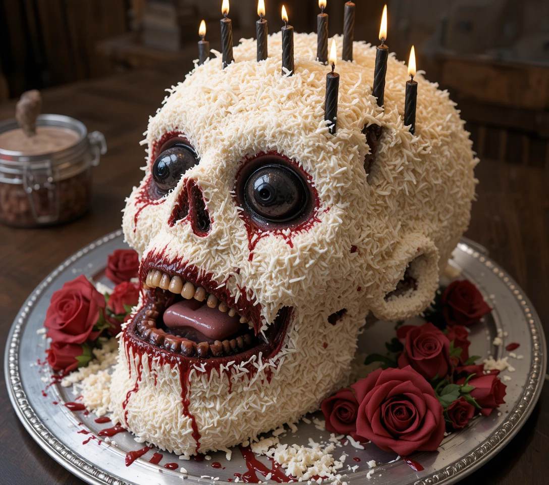 A Zombie Head Birthday Cake With Coconut Frosting and Dripping Roses