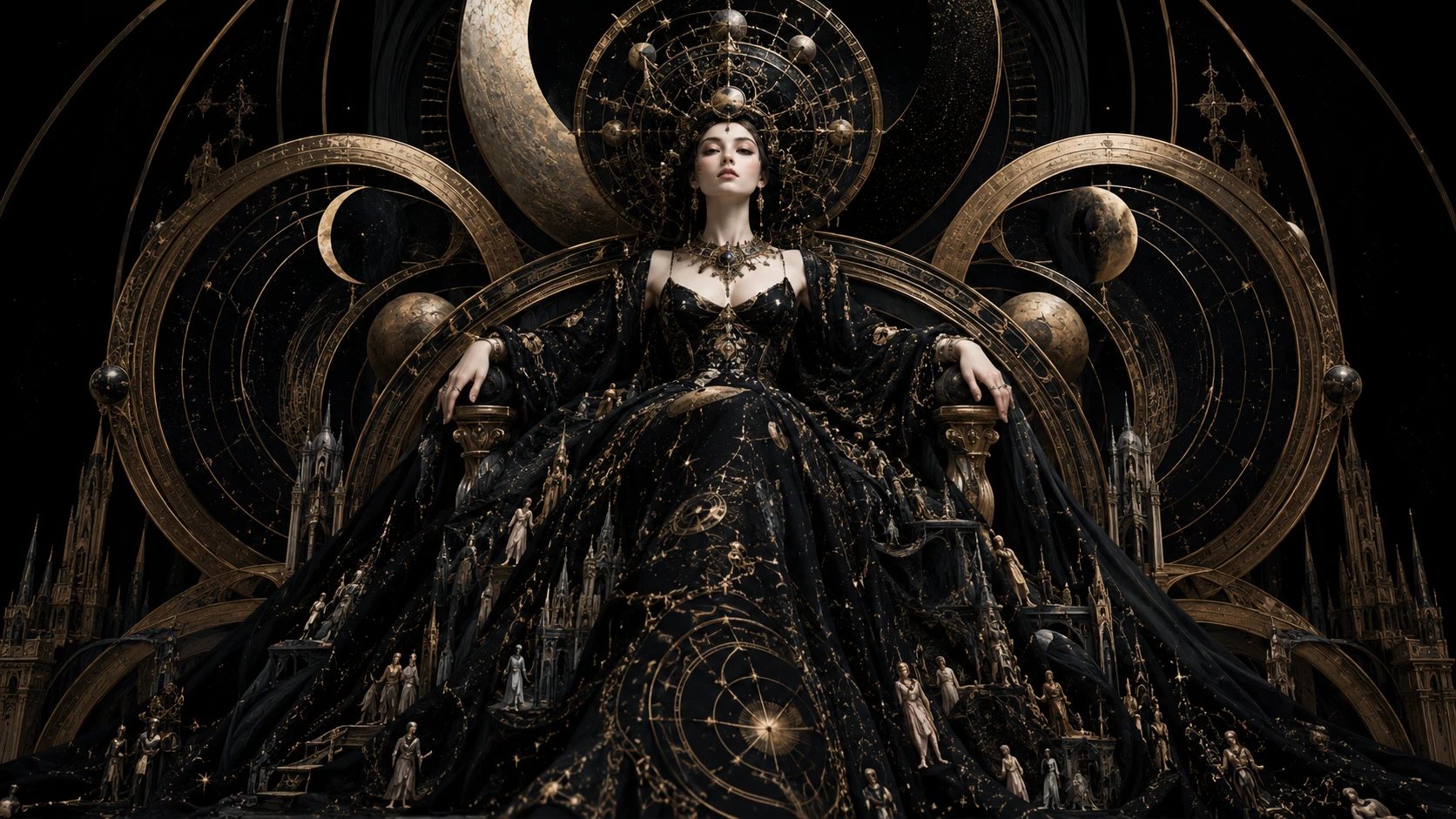 A miniature woman sits on a throne of eclipses and astrolabes