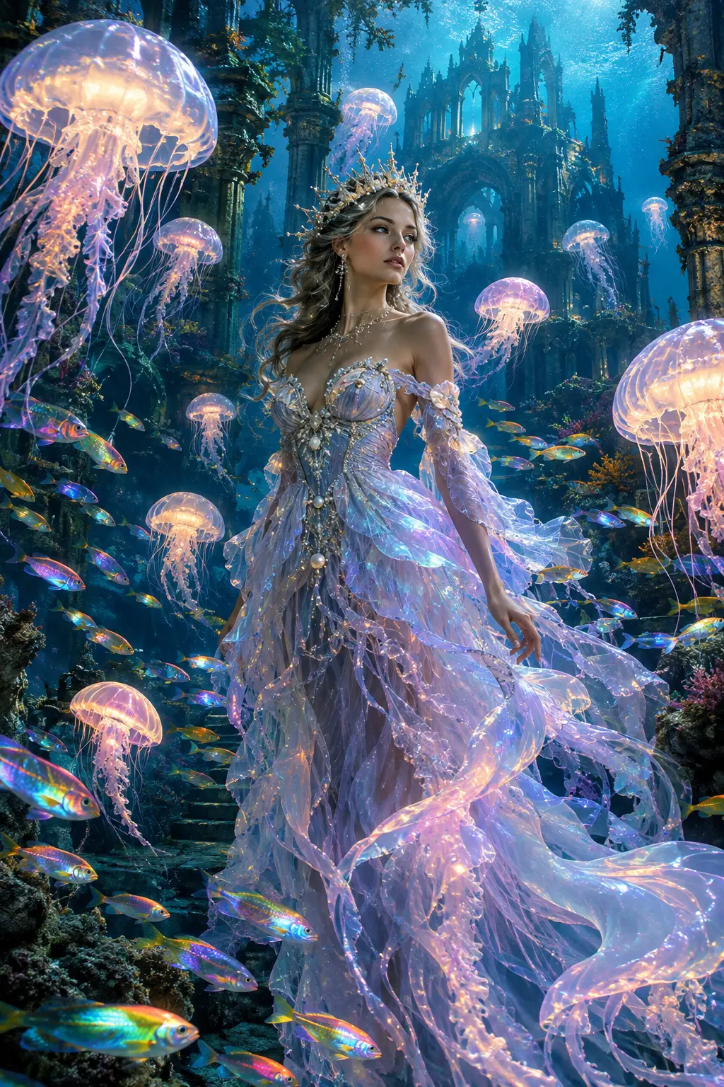 A queen glides through the ruins of a decaying underwater palace