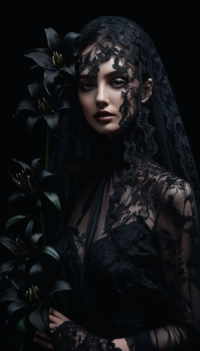 A bouquet of black lilies dripping with poison in a surreal scene