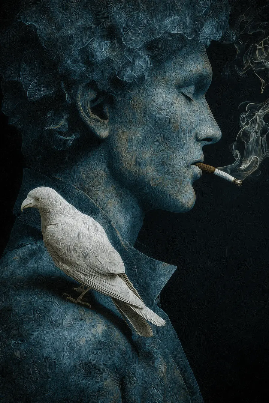 A serene guardian and white raven in a luminous fantasy portrait
