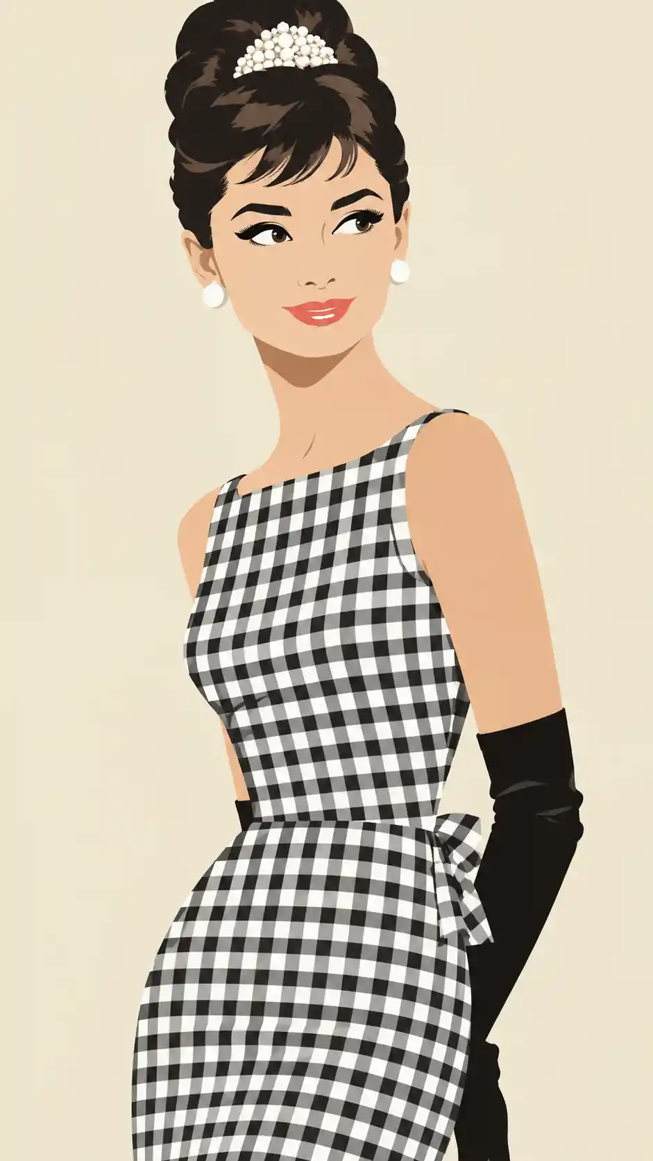 Audrey Hepburn sorride con un abito a quadretti vichy in un ritratto degli anni ’60